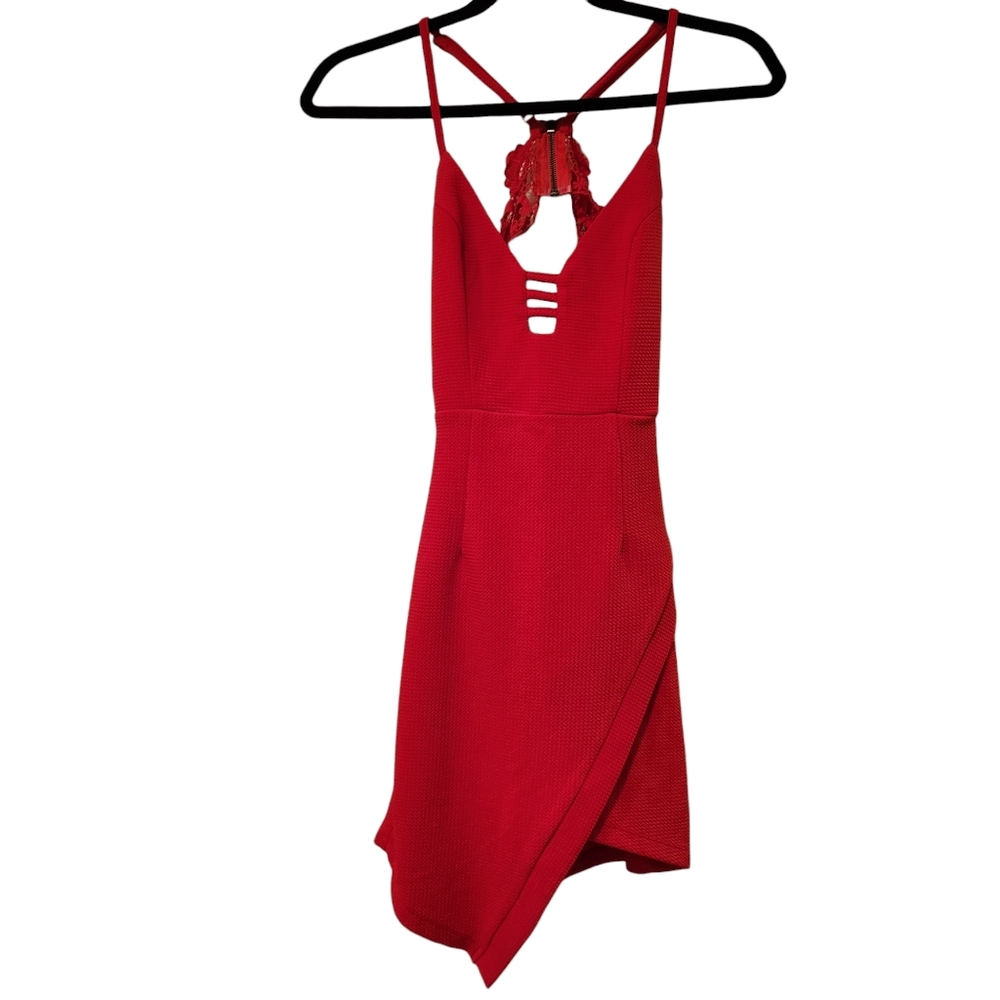 LF Rumor Boutique Asymmetrical Bodycon Wrap skirt Lace Backless Mini Dress - Red